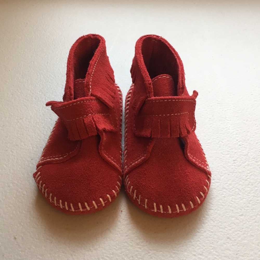 Minnetonka Front Strap Bootie Baby Moccasin 5 Red